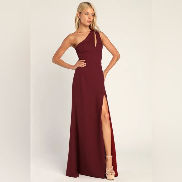 LULUS Divinely Dynamite Burgundy One-Shoulder Maxi Dress - Picture 2 of 7